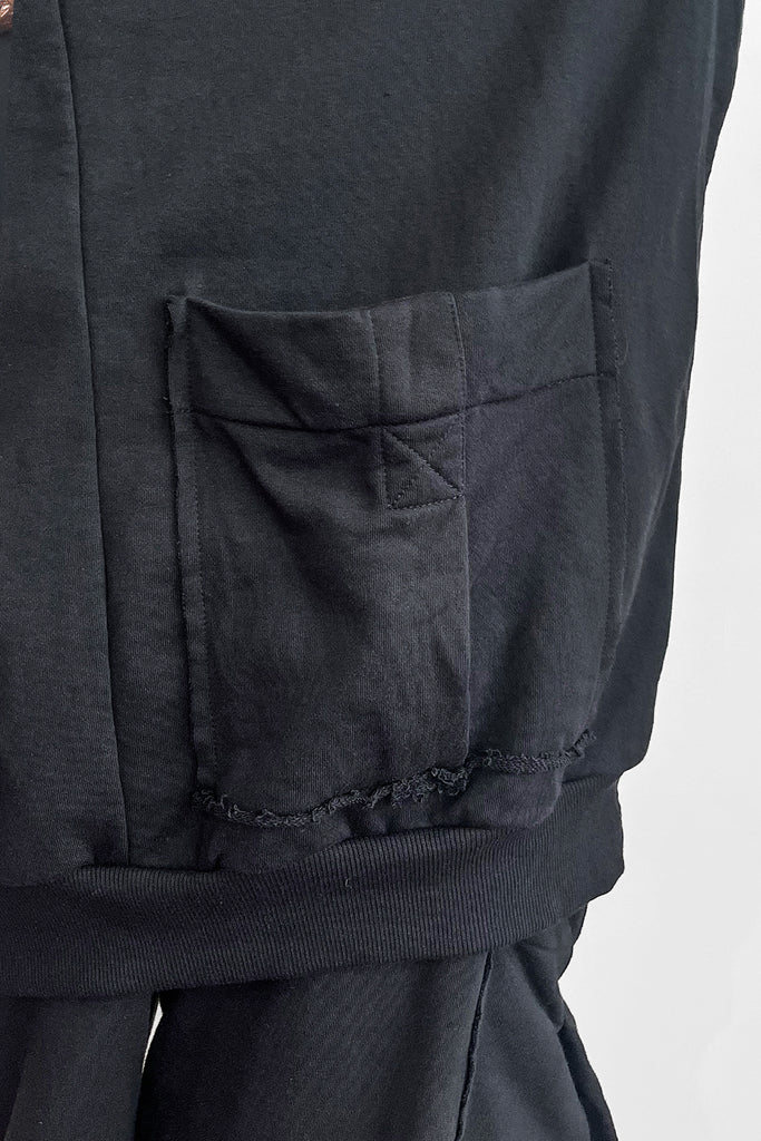 Close up of a pocket detail on a black oversized sweater
