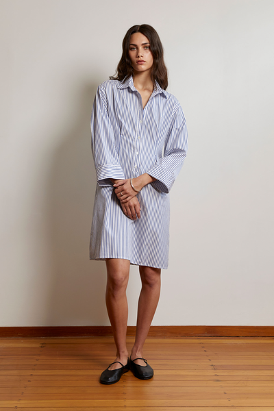Pullover Shirt Dress | Cotton Stripe | Dark Blue + White