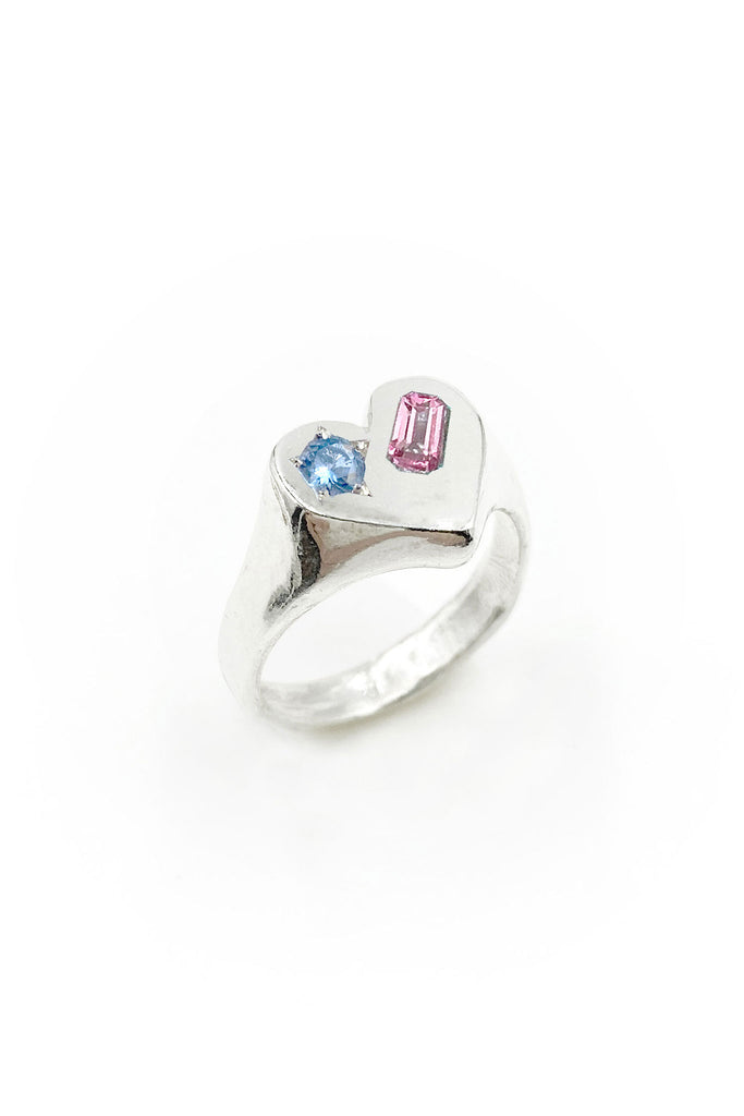 Double Stone Heart Signet Ring | Silver | Pink/Blue